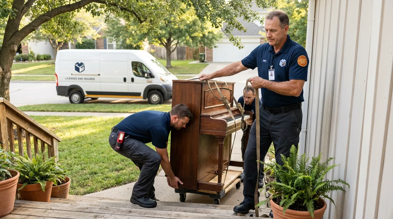 Licensed piano movers securing grand piano in Rock Rapids, IA