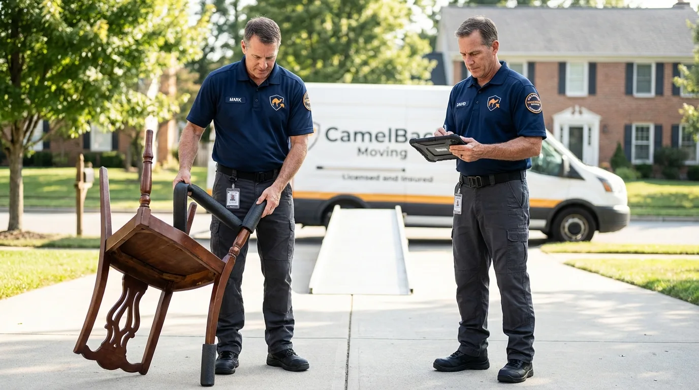 Movers inspecting furniture for damage prevention before loading in Rock Rapids, IA